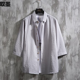 Summer Short-sleeved Thin Breathable Solid Color Linen Shirt Jacket Loose Casual Seven-sleeved Cotton Linen Shirt for Men