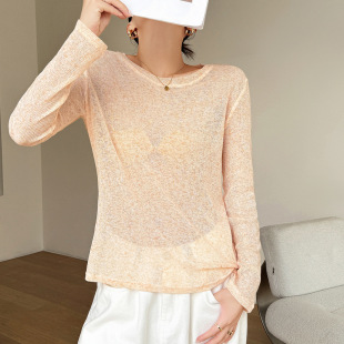 Summer fashion thin sunscreen linen loose knitted blouse women's lazy style high-end Dongdaemun long sleeve T-shirt