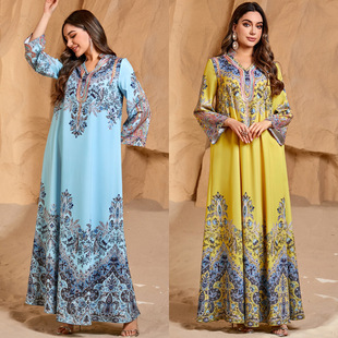 4288 Middle East Cross-border New Fashion Printed Foreign Trade Women's Muslim Robe Casual Round Neck Loose dress