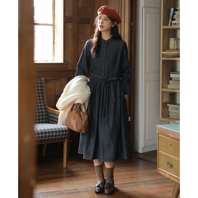 Real Shot of 2026 Autumn New Japanese-Style Artistic Round-Neck Deep Blue Tie-Neck Long-Sleeve Denim Dress for Women