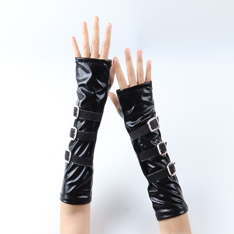 European and American Cross-Border Patent Leather Sleeves for Women Half Gloves Metal Buckle Dark Punk Halloween Hand Sleeves Trendy Sexy Cos