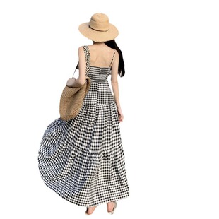 French Style Tea Break First Love Neck Sling dress Women's Summer New Blue Plaid Seaside Holiday Beach Long Dress