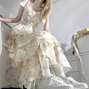 French Sweet Bow Strap Floral dress Women's Summer 2025 New Slimming Cake Skirt Fairy Skirt