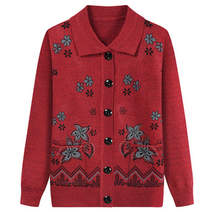 The elderly autumn and winter fleece-lined thick sweater cardigan women's mother's warm sweater grandma long sleeve top coat