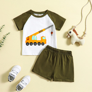 Children's Crane Printed Shoulder Show Contrasting Color Stitching Cotton Short-sleeved Shorts Boys' Clothing Set