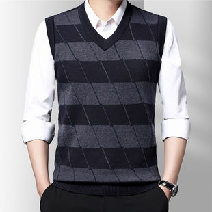 Vest Men's 2022 Autumn and Winter New Men's V-neck Waistle Sleeveless Vest Fashion Striped Middle-aged Knitted Sweater