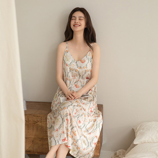 Self-contained chest pad ice silk suspenders nightgown women's summer 2024 new sweet wind printed cool feeling mid-length pajamas