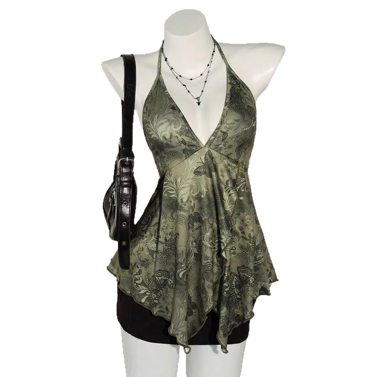American Retro Blue Butterfly Halter Top, Irregular Hem Spicy Girl Tank Top, Subculture Sweet-Cool Style Camisole for Women