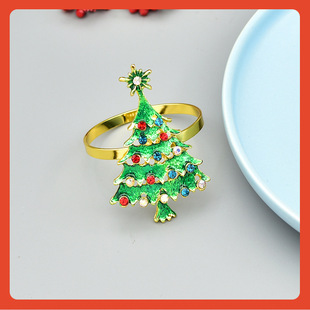 ✅ Christmas Western Restaurant Christmas Tree Tableware Gold-Plated Green Napkin Buckle Napkin Ring Napkin Ring Painting Oil