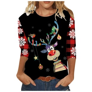 2023 New Elk Christmas Women's Seven-point Sleeve Crewneck Pullover Women's T-Shirt Cross-border Hot Selling Casual T-Shirt Women