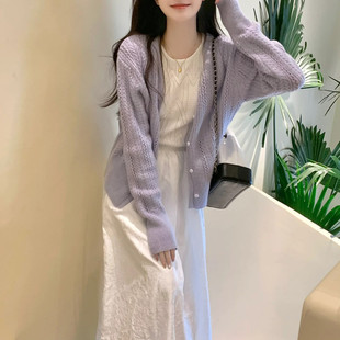 Purple Hollow Sweater Thin Coat Women's 2025 Spring and Summer Simple Gentle Style Cardigan Elegant Sweater Top
