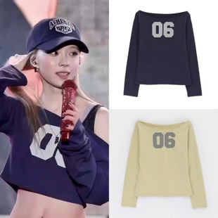 South Korea Xiaozhong Jin Minting Digital Printed off-shoulder Loose Shoulder Top Long-sleeved T-shirt