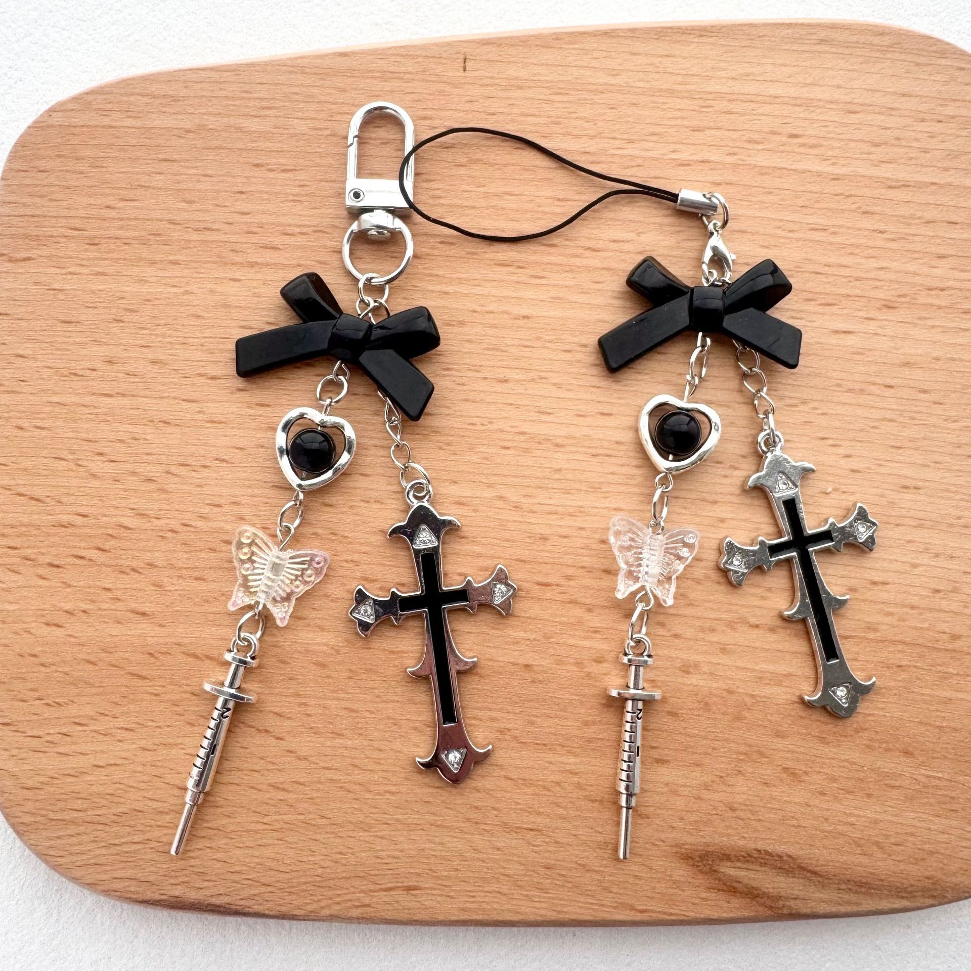 Sweet Cool Style Cross Syringe Bow Keychain DIY Subculture Punk Style Cute Backpack Pendant