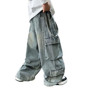 South Korea Boys' Pants 2024 New Spring and Autumn Children's Straight Jeans Trendy Cool Hip Hop Street Dance Style Crocksuit Pants
