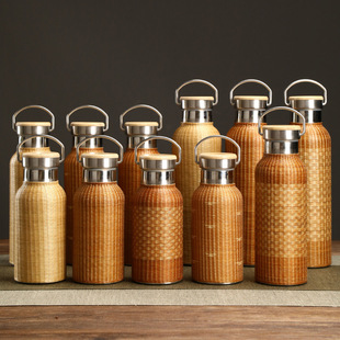 Chinese bamboo thermos cup large capacity stainless steel hot water bottle travel portable cup outdoor thermos bottle