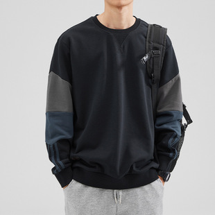 hansca round neck sweater men's fashion brand spring and autumn retro loose plus size stitching fleece-lined thickened sports top