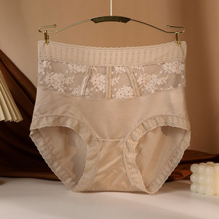 High Waist Lace Women's Underwear Summer New Light Luxury Breathable Satin Stitching Underwear Belly Hip Briefs