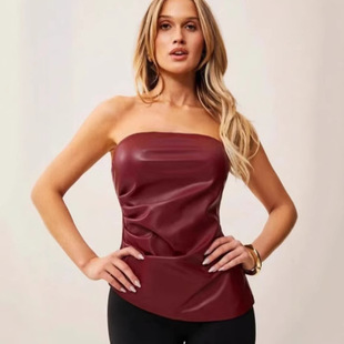 Strapless Pleated Leather Top European and American Cross-border Spring New Sleeveless Slim-fit Sexy Strapless Vest