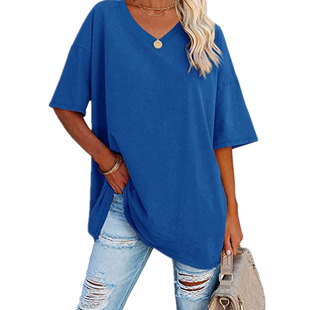 Cross-border European and American Plus Women's T-shirt Amazon Loose Half-sleeve V-neck Cotton Belted Top