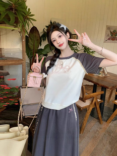 2025 summer new plus size women's lace bow short sleeve skirt summer round neck women's T-shirt suit