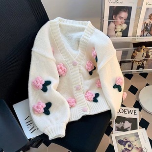 Red Three-dimensional Flower Cardigan Sweater Women's Short Small Chanel Style Loose Jacket with Western Style Age-reducing Sweater Top
