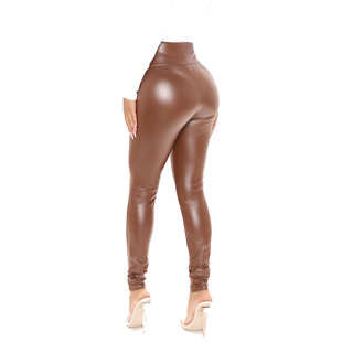 European and American women's high waist high elastic slim PU trousers motorcycle tight leather pants Amazon Fashion skinny trousers