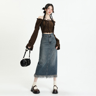 Spring and Autumn Tassel Mid-length Denim Skirt Women's Spring Small High Waist Retro Split Burr A- line Half Skirt