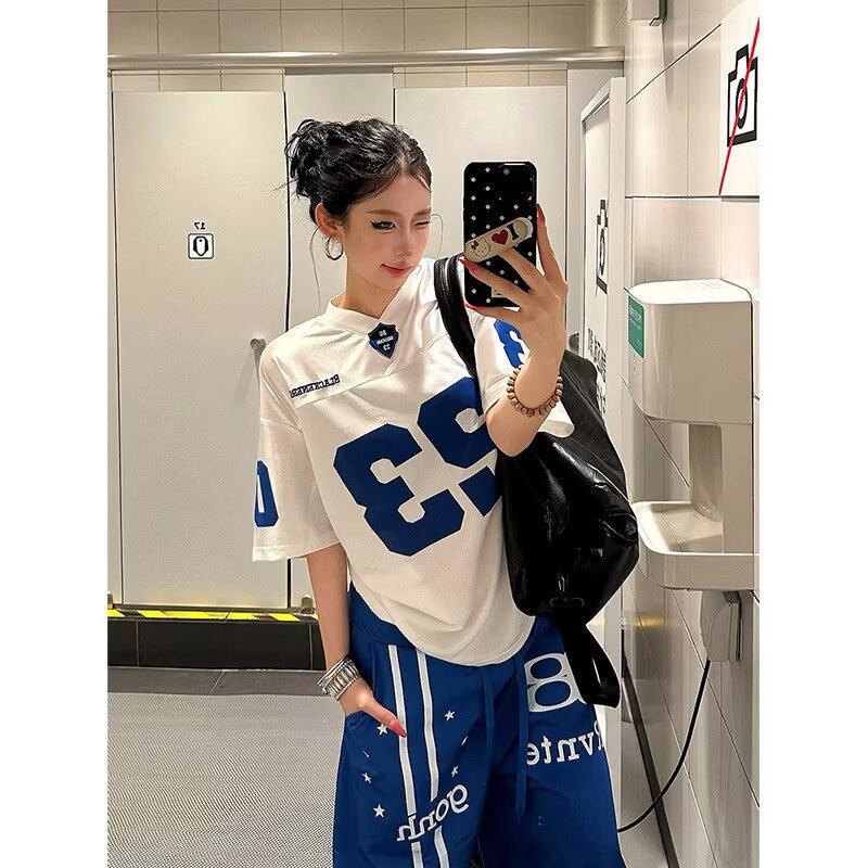 Cross-Border American Street Fashion Digital Jersey Short-Sleeved T-Shirt for Women, Summer New Style, Loose Casual Sports Versatile Top for Men