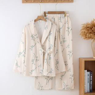 Chinese Style Bamboo Cotton Double-Layer Gauze Pajamas Women's Spring and Autumn Summer Thin Long-Sleeved Loose Home Clothes suit