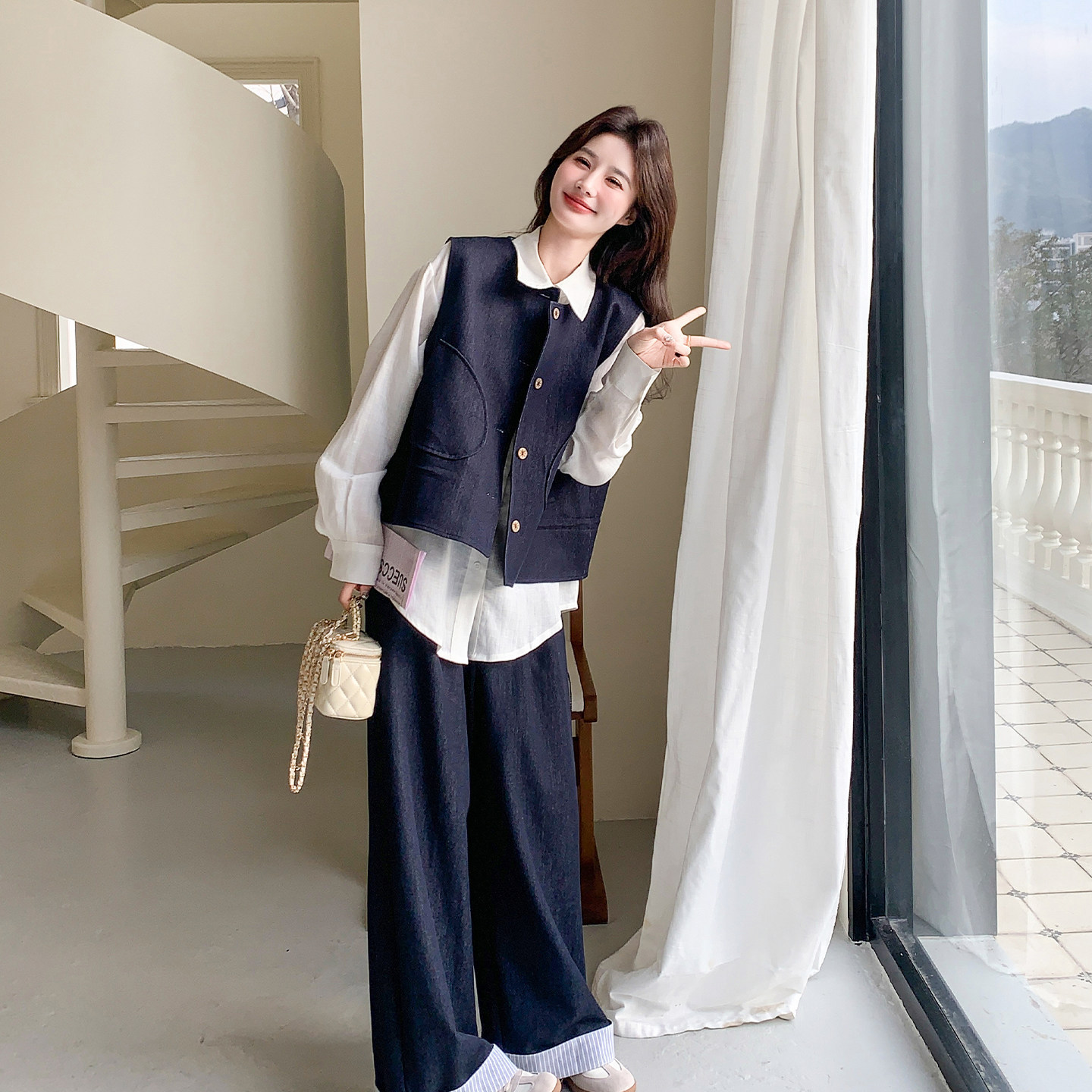 Dark Blue College-Style Denim Suit for Women, Spring 2026 New Korean Design Vest and Wide-Leg Pants Two-Piece Set
