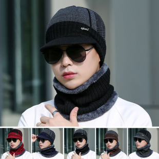 Hat + scarf new Korean version of warm knitted wool cap men's outdoor autumn and winter plus velvet padded pullover cap
