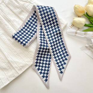 Misty Blue Small Silk Scarf Women's Ins Long Ribbon Tie Bag Hair Band Imitation Silk Scarf Spring and Summer Tie Bag Ribbon Belt