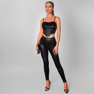 European and American Amazon Foreign Trade AliExpress Black Camisole Backless High Waist Leggings Pants suit Two-piece Set