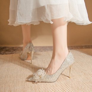 2024 Champagne New Bridal Shoes Women's Wedding Shoes Stiletto Heel Pointed French Crystal Bridesmaid High Heels
