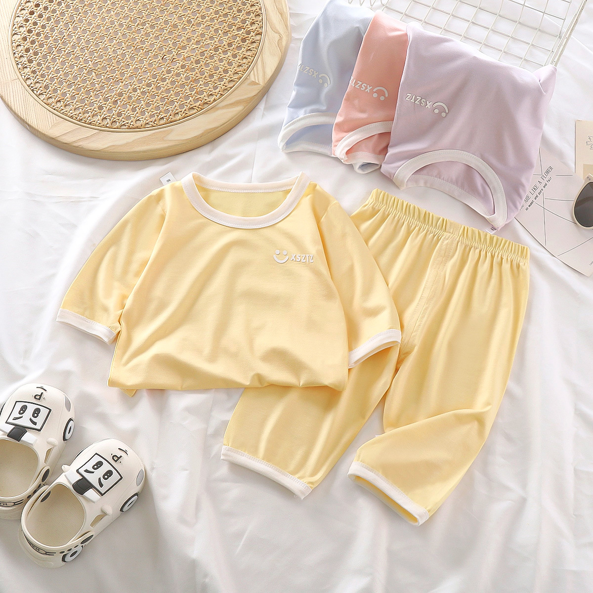 儿童薄款睡衣女童宝宝七分家居服套装婴幼儿男童夏季空调服冰丝裤