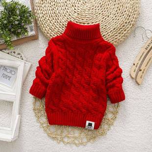 Boys' and girls' sweater fleece-lined thickened Korean style knitted fir bottoming shirt baby children's round neck turtleneck warm sweater