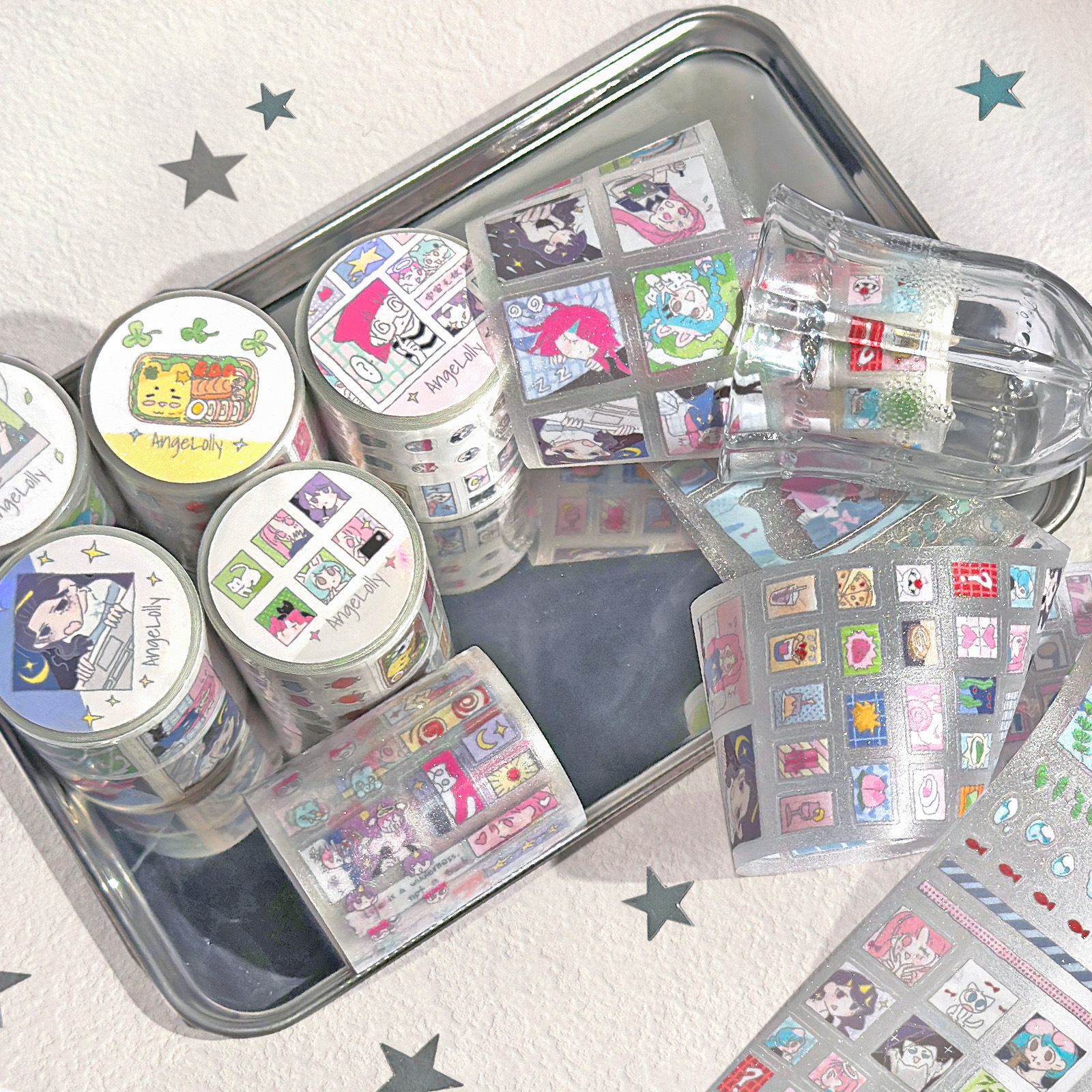 AGUGU Memory Puzzle Die-cut Tape and Paper Stickers Cute Girl Base Flash Sand Tape deco Sticker Roll