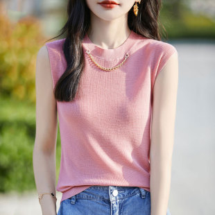 Summer 100 Tencel Vest Sling Women's Crewneck Chain Knitted Short-sleeved Base Shirt Slimming Top Base Shirt Thin