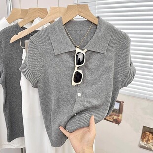 Collar Ice Silk Knitted Shirt Short-sleeved Cardigan Women's Summer Thin 2025 New Slim-fit Short Lar Top for Summer