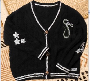European and American style autumn and winter new cross-border women's clothing V-neck star embroidered long sleeve single-breasted loose casual sweater coat