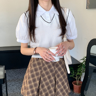 Hong Kong Style Short Knitwear Shirt Women's Summer New Unique Chic Fake Two-piece Polo Collar Shoulder Top