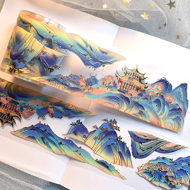 Manufacturer's Ready Stock Wholesale Retro Handbook Pet Tape Laser Hot Stamping Ancient Style Landscape Mountain and Sea Landscaping Material Tape