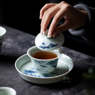 Ceramic Kung Fu Tea Set Cover Bowl suit Household Chinese-style Retro Blue and White Porcelain Teapot Bearing Dry-making Table Tea Cup Gift Box