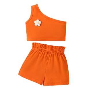 Cross-border Summer Girls European and American suit Amazon Shoulder Flower Fashion Short Top Shorts Solid Color Two-piece Set