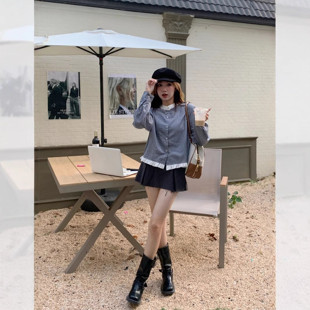 대조 색 줄무늬 셔츠 소녀 봄과 가을 새로운 디자인 센스 작은 캐주얼 셔츠 소매 칼라 탑 대외 무역