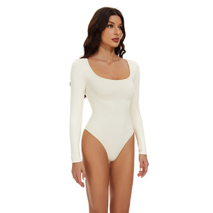 Amazon 2024 Autumn New Seamless Thread Long Sleeve Square Collar Puff Waist-breasted Body-shaping jumpsuit