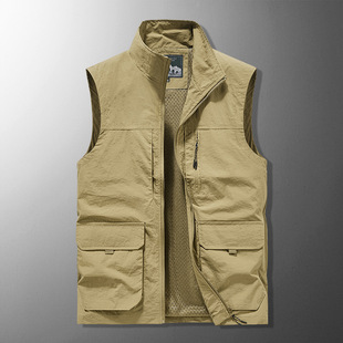 Multi-pocket vest men's outdoor quick-drying casual vest thin workwear photography fishing stand collar large size waistcoat clothes