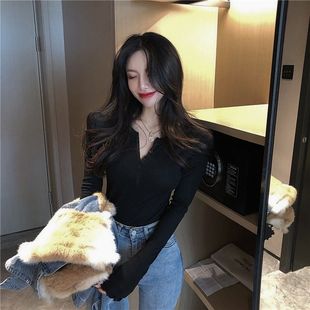 Autumn Western Style V-neck Slim-fit Long-sleeved T-shirt for Women