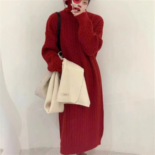 Mid-length Lazy Style Retro Twist Turtleneck Sweater Women's 2024 Autumn and Winter New Loose Slimming Knitted dress