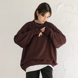 Spring Autumn Winter Long-sleeved Sweatshirt Pullover Loose Solid Color Japanese Style Laid-back Simple Casual Thickened Outer Single Round Neck Top